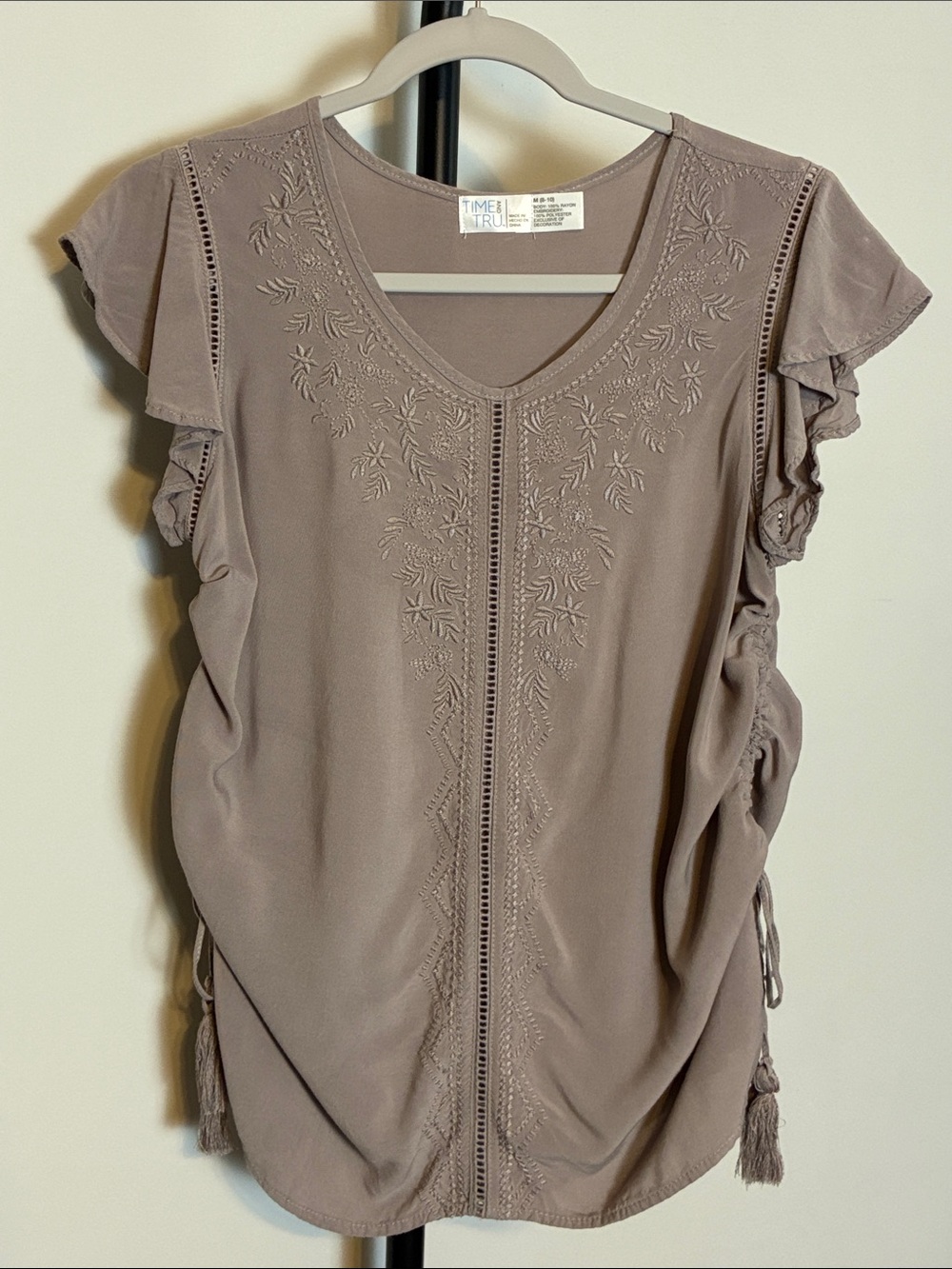 Time and Tru Mauve Embroidered Ruffle Sleeve Blouse